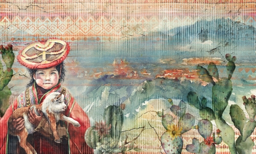 Artystyczna-grafika-na-ścianę-kaktusy-góry-i-postać chłopca.jpg