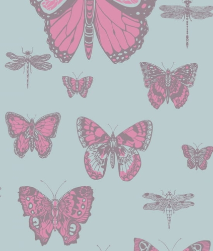 Jasnoniebieska tapeta Cole &amp; Son Butterflies &amp; Dragonflies z różowymi motylami i szarymi ważkami