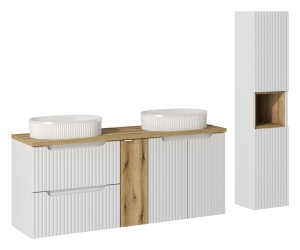 COMAD Zestaw meblowy 140cm z umywalkami nablatowymi i szafką wysoką SET-NOW B OAK 140CM D UN BEYOND 5 WH HC