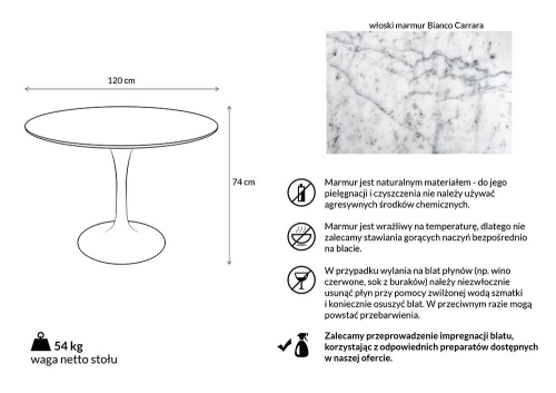 Stół TULIP MARBLE 120 CARRARA biały - marmur, metal