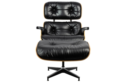 Fotel LOUNGE HM SOFT PREMIUM SZEROKI z podnóżkiem czarny - sklejka orzech, skóra naturalna