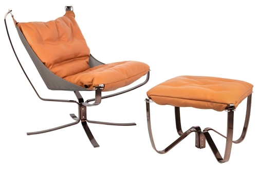 Fotel ARNI LOW z podnóżkiem pomarańczowy - ekoskóra, miedz