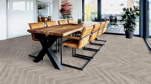 Panele laminowane ter Hurne  Herringbone Edition Dąb Atelier Jodła wizualizacja jadalni