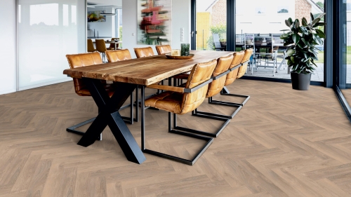 Panele laminowane ter Hurne  Herringbone Edition Dąb Chalet Jodła wizualizacja jadalni