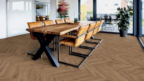 Panele laminowane ter Hurne  Herringbone Edition Dąb Lodge Jodła wizualizacja jadalni
