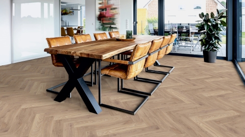 Panele laminowane ter Hurne  Herringbone Edition Dąb Maisonette Jodła wizualizacja jadalni