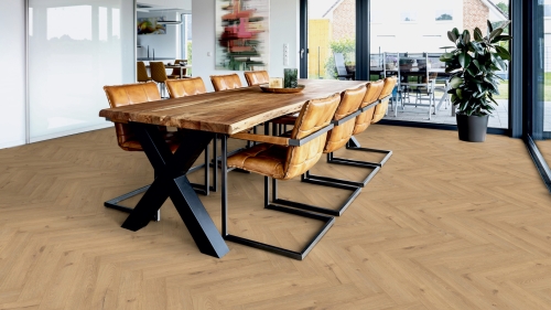 Panele laminowane ter Hurne  Herringbone Edition Dąb Patio Jodła wizualizacja jadalni