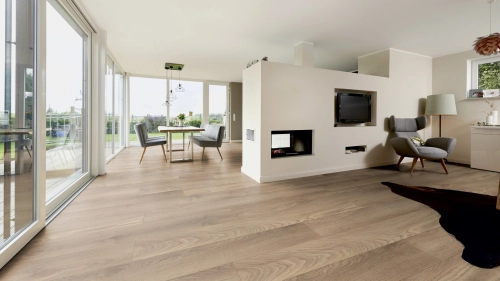 Panele laminowane ter Hurne  Dureco Floor  Strong Dąb Arousa Długa deska wizualizacja salonu