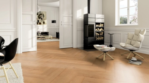 Podłoga winylowa  ter Hürne Herringbone Edition Dąb Hamburg Jodła wizualizacja salonu