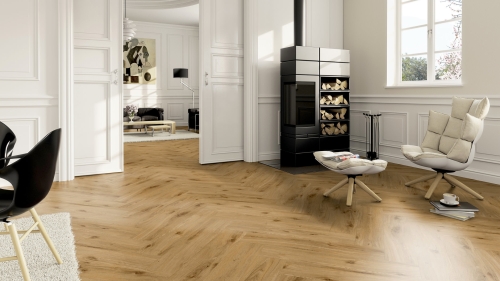 Podłoga winylowa  ter Hürne Herringbone Edition Dąb York Jodła wizualizacja salonu