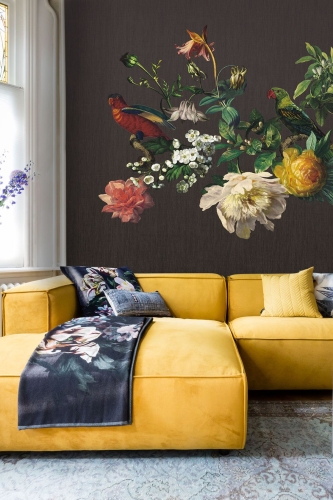 fototapeta-botaniczny-mural-ptaki-kwiaty-ciemne-tlo.jpg
